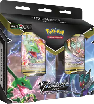 Neue V-Kampfdecks des Pokémon-Sammelkartenspiels mit den Drachen-Pokémon Rayquaza-V und UHaFnir-V